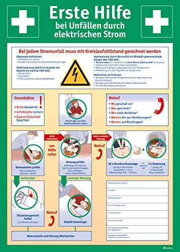 Erste Hilfe Schild bei Stromunfällen 400 x 560 mm – Anleitung zur Ersten Hilfe, Hart-PVC Betriebsschild, Rettungszeichen, ein- oder beidseitig, DIN EN ISO 7010 Sicherheitskennzeichnung