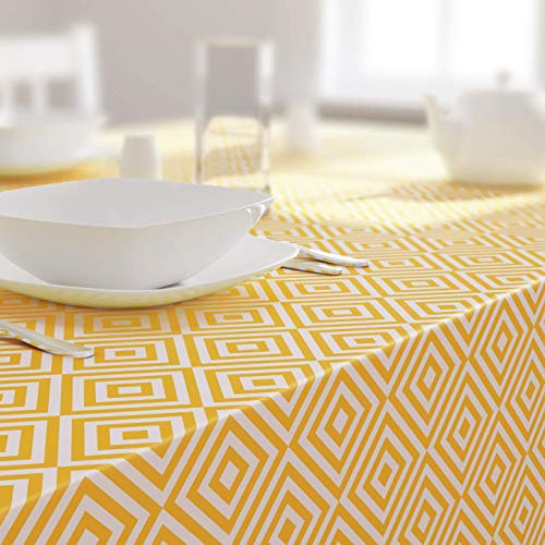 Dehaus® Wipe Clean Table Cloth - Ochre Geo Diamond - Yellow PVC Oilcloth Table Cover - Rectangular Plastic Vinyl Tablecloth - Water Resistant Easy Clean - Kitchen Dining Protector (140 x 200cm)