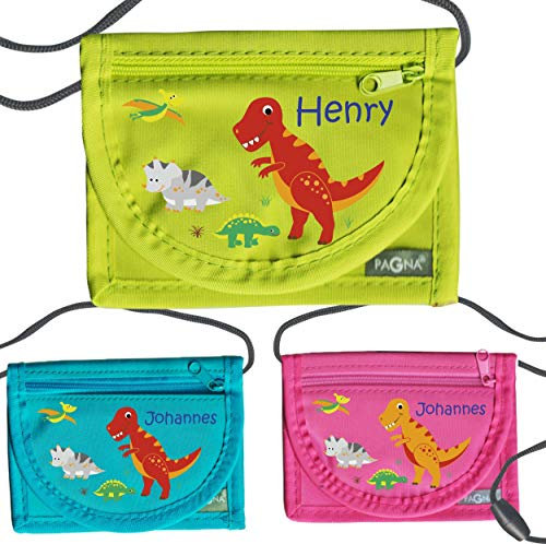 MissRompy | Brustbeutel Dinos mit Name (875) und Sicherheitsverschluss Jungen Umhängebeutel breast bag Portemonnaie