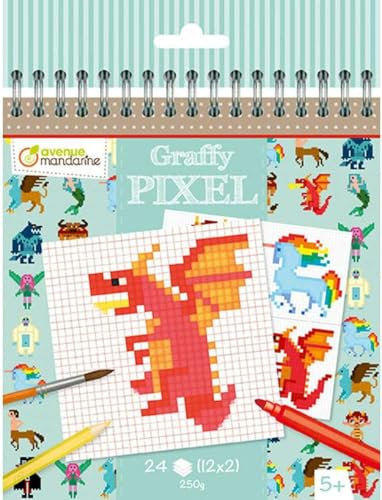 My Mandarine GY098C Graffy Pixel, Spiralblock zum Ausmalen, 250g Zeichenpapier mit je 12 Motiven x 2, ideal für Kinder ab 5 Jahren, 1 Stück, Fantastische Tiere