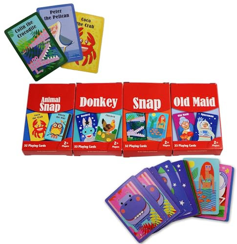 D.A.Y. Republic 4 Kartendecks von klassischen traditionellen Kinder-Kartenspielen, alte Dienstmädchen, Snap Esel, Go Fish, ideale Reise- und Familienspiele (4 klassische Kinder-Kartenspiele)