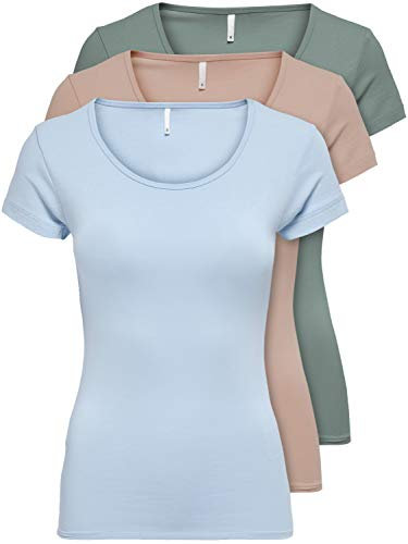 ONLY 15209153 - Confezione da 3 magliette da donna a maniche corte basic, essenziali, estive, nero o bianco, Mix 3 colori., S