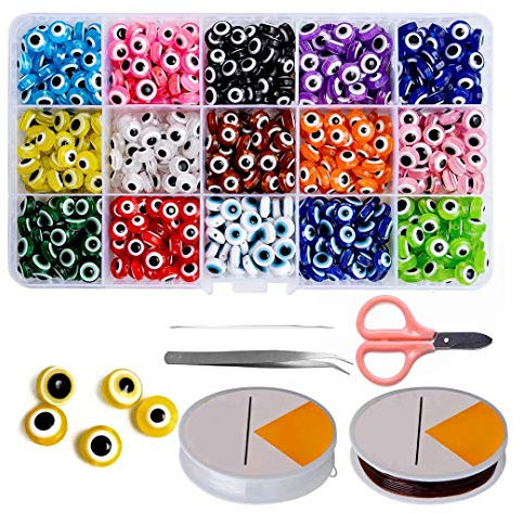 Kalolary 750pcs Handmade Evil Eye Beads Charms Lampwork Flat Round Eye Bracelet Beads for DIY Necklace Bracelets Jewelry Making