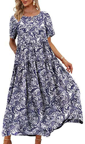 YESNO Women Dresses Casual Plus Size Bohemian Short Sleeve Floral Long Maxi Summer Beach Swing Dress/Pockets 2XL EJFUK CR148