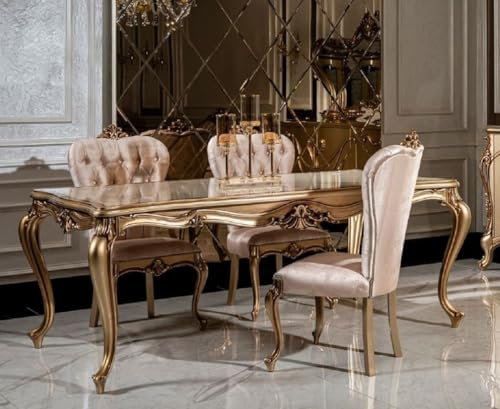 Casa Padrino Luxus Barock Esszimmer Set Weiß/Rosa/Gold - 1 Esstisch & 6 Esszimmerstühle - Edle Esszimmer Möbel im Barockstil