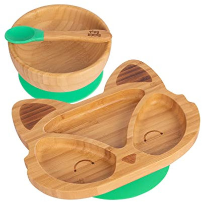 Tiny Dining Conjunto de cena de zorro de succión de bambú para niños - Fibra natural Bebé niño Stay Stay PUT MEJORADO PUERTE DE ALIMENTACIÓN - Verde