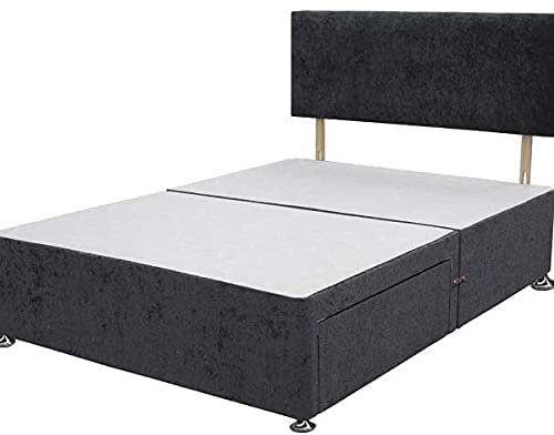 Double Black Bed, Crushed Velvet Divan Bed with Matching Headboard, 4ft6 Double Bed with Storage Drawers on Same Side, Divan Bed with Adjustable Height