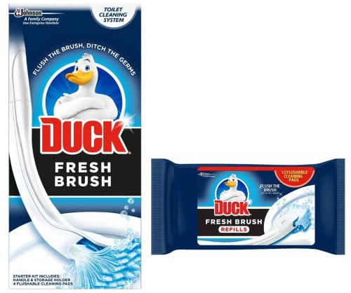 Toilet Duck Fresh Brush with Holder-Toilet Bowl Cleaner Starter Kit [1 Handle + 4 Refills]- with Duck Fresh Brush Refill (12 Flushable Cleaning Pads)