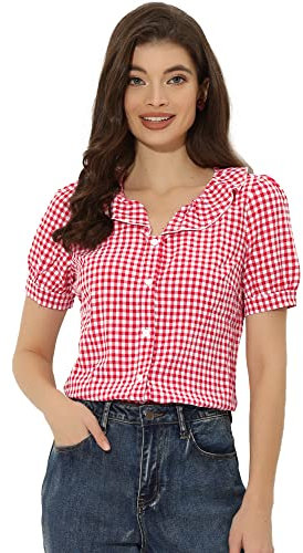 Allegra K Women's Gingham Plaid Shirts, Plaid Top for Women, Ruffle Collar Blouse, Short Sleeve Checked Shirt Tops Red 12