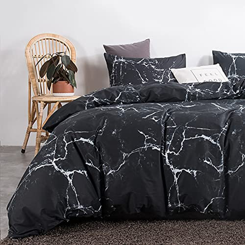 Michorinee Housse de Couette 240x260 Marbre Noir avec 2 x Taie d'oreiller 65x65 cm - Parure de Lit Adulte 2 Personnes en Microfibre - Sets Linge de Lit Imprimé avec Fermeture Éclair