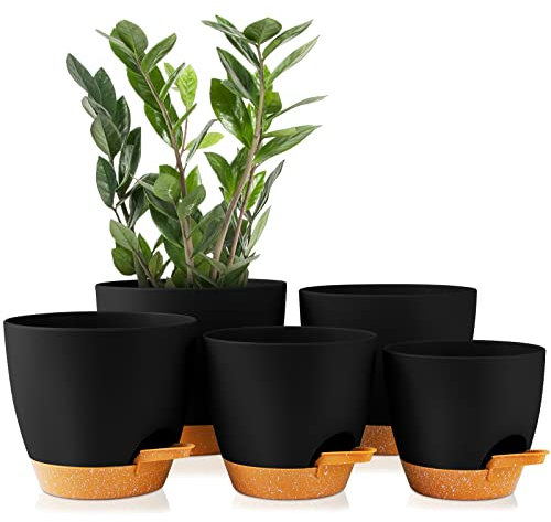 Pflanztöpfe 17.8/16.5/15.2/13.9/12.7cm GARDIFE Selbstbewässernde Pflanzgefäße mit Ablaufloch, Kunststoff-Blumentöpfe, Kinderzimmer-Blumentopf für alle Zimmerpflanzen, Sukkulenten, schwarz