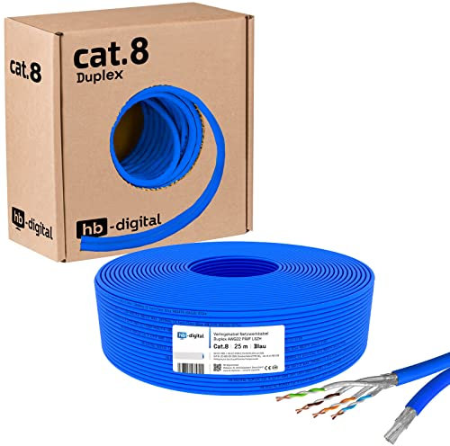 HB-DIGITAL 25m CAT 8 Netzwerkkabel LAN Kabel Verlegekabel Ethernet Installationskabel 40 Gbit/s AWG 22/1 reines Kupfer S/FTP LSZH BauPVO Klasse B2ca Datenkabel Duplex - Blau