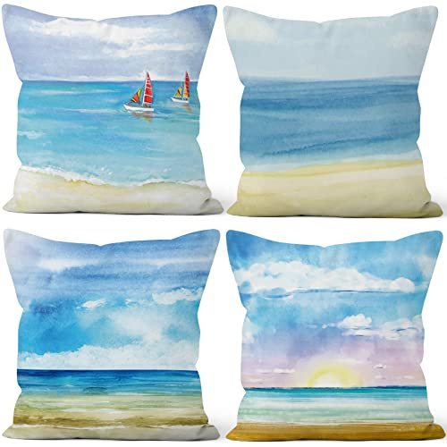 Aoihrraan 40x40cm 4er Set Dekorativ Kissenbezug Sommer Sunrise Blaues Meer Strand Segelboot Weicher Plüsch Quadratischer Kissenbezug Bett Wohnzimmer Draussen Balkon Patio Stuhl Garten Sofá