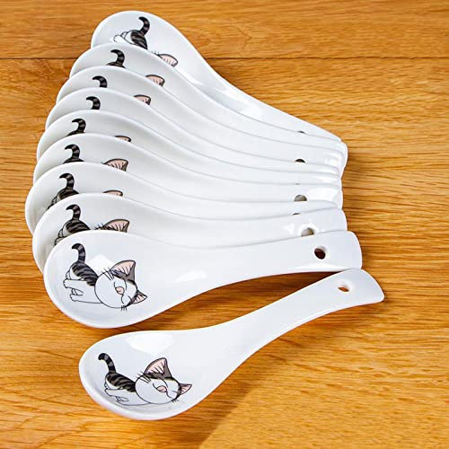 Set of 10 Asian Cat Pattern Soup Spoons, 5.4 inch Ceramic Porcelain Spoons for Cereal, Ramen, Appetizers, Desserts, Wonton, Dumpling, Deep Scoop, Dishwasher Safe