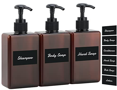 Segus Seifenspender, 3 Stück 280ml Pumpflasche, Shampoo Flaschen zum Befüllen, Soap Dispenser Plastik für Shampoo, Conditioner, Körperseife, Shampoo Spender mit Aufkleber, Bernstein