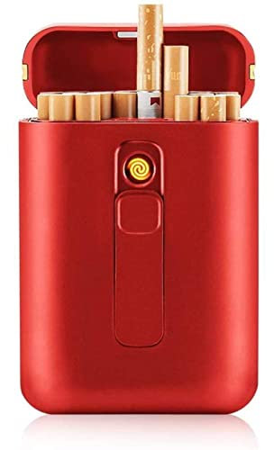 oUyOo Boîtes À Cigarettes avec Briquet, Étui À Cigarettes en Métal Anti-Écrasé Coupe-Vent, Briquet sans Flamme Rechargeable par USB, Outils De Paquet De Tabac pour Fumeur,Rouge