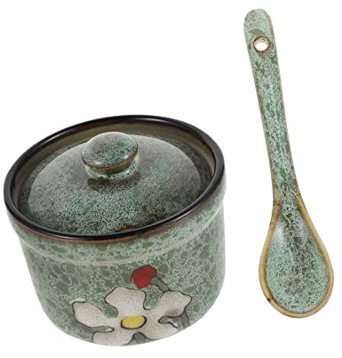 1 set Cuillère d'impression Distributeur de stockage unique Céramique de fleurs Peut Gadgets Table de maison florale Plateau de soja et couvercle de sel de style japonais Cuisson à la vapeur délicate