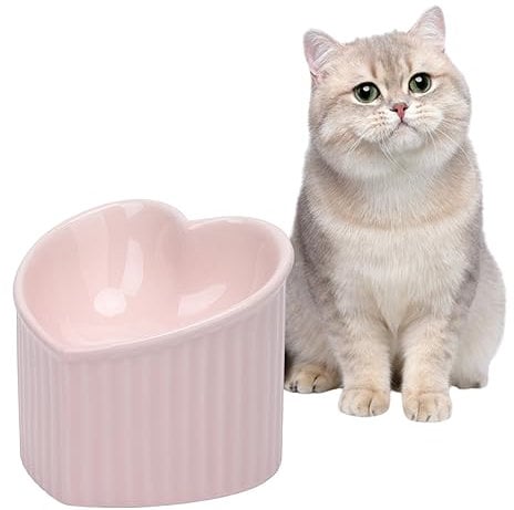 Naiveferry Heart Shaper Ceramic Elevated Cat Bowls, Raised Cat Bowls Anti Vomit Stress Free Water Food Feeder Microwave Safe Pet Accessories for Small Cats Dogs(Pink)