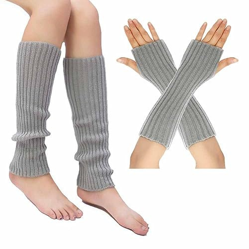 SHTGOI Beinstulpen und Pulswärmer Set Baumwolle Strick Beinwärmer Fingerlose Handschuhe Winter Arm Handwärmer Legwarmer Bein und Arm Stulpen für Yoga-Tanzen Turnhalle Ausübt Halten Warm Hellgrau