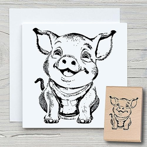NEWSTAMPS Stempel Ferdi Motivstempel groß aus Holz & Gummi zum Karten und Geschenke basteln, Holzstempel für Tiere, Schwein, Ferkel, Tierstempel, Scrapbook, Textilstempel, Deko, Kinder