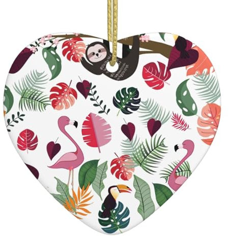 Weihnachtsparty, Faultier in rosa tropischen Blättern, Weihnachtsbaumschmuck, Herz-Keramik-Ornamente für Zuhause und Büro, zum Aufhängen