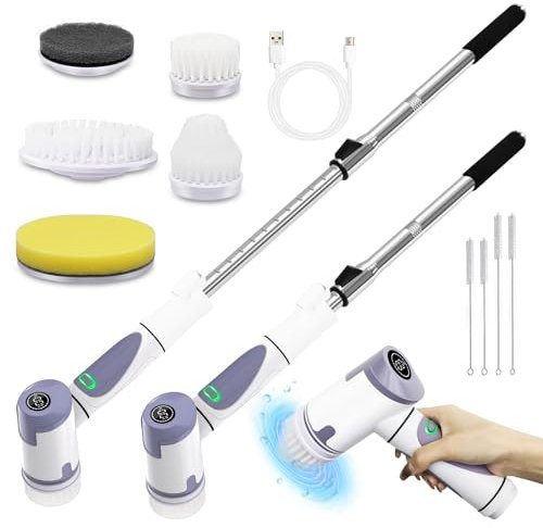 Elektrische Reinigungsbürste, 2024 Neues Spin Scrubber mit 5 Austauschbaren Bürstenköpfen & Verstellbarem Verlängerungsgriff 30-137CM & 2 Rotationsgeschwindigkeiten & LED Bildschirm für Bad/Küche/Auto