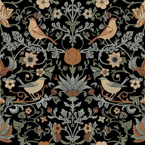 FunStick 44.5CMx9M Self Adhesive Wallpaper Black Floral Stick on Wallpaper for Kitchen Bathroom Tropical Black Floral Bird Wallpaper for Walls Sticky Back Plastic for Kitchen Cupboards Drawers
