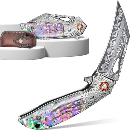 Purple Dragon Damast Taschenmesser, VG10 Damaststahl Survival Messer Klappbar, Damast Klappmesser Outdoor, Klappmesser Klein aus Damaszenerstahlklinge, farbige Muscheln Griff, Frauen Geschenke Ideen