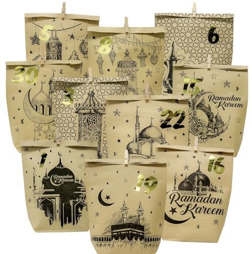 Ramadan Kalender zum Befüllen, Eid Mubarak Tüten zum Befüllen, 30 Stück Bedruckte Kraftpapiertüten mit Aufkleber Klammern, Ramadankalender Ramadan Geschenktüten Wiederverwendbar