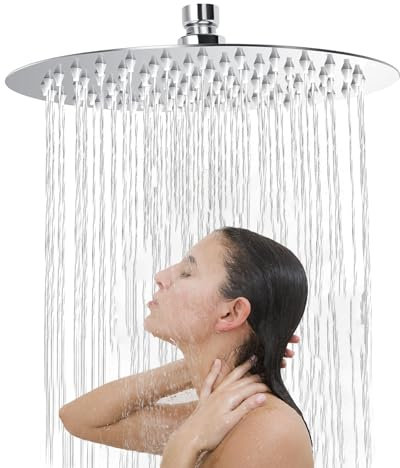 Funmo Tete de Douche Inox, Pomme de Douche Anti Calcaire, 20CM Pommeau de Douche Economie d'Eau et Haute Pression avec Universelle Filetage 1/2 Pouce, Rotatif 360°, Facile à Installer et à Nettoyer