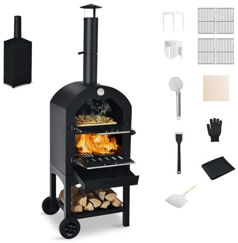 KOMFOTTEU Mini forno per pizza, in ferro, da 200 ℃ a 350 ℃, portatile, con pietra per pizza, griglia, per feste, barbecue