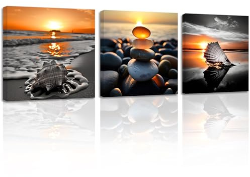 ZXHYWYM Badezimmer Wanddekoration 3 teilig Sonnenuntergang Strand Bild Muschel Felsen Muschel Meer Welle Leinwanddrucke Ozean Kunstwerk Gerahmt (Bild-1, (25.00 x 25.00 cms x 3 Teilig))