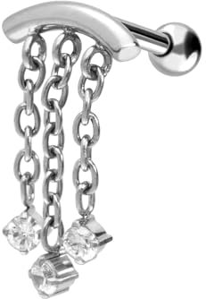 PIERCINGLINE Ohrpiercing Chirurgenstahl mit Bogen 3 Ketten und 3 Kristallen Piercing Ohr-Stecker Helix Tragus Silberfarben