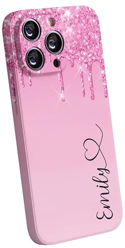 EKAM Personalised Phone Case for iPhone 12 - Marble Glitter Fully 3D Printed Fashion Stylish Custom Name With Heart Shockproof TPU Bumper back Cover (Pink, iPhone 12)