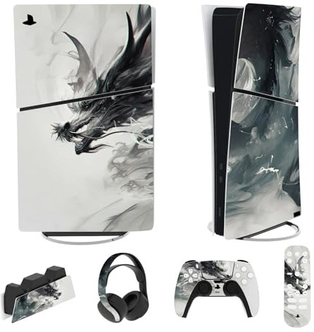 PlayVital Adesivo Skin per ps5 Slim Console Digitale Edizione,Sticker Decal Cover Vinile per Controller Telecomando Cuffie Base di Ricarica-Drago Spirito d'Inchiostro