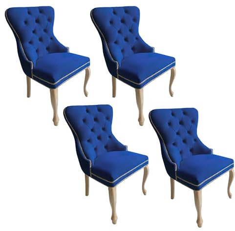 Meble Ares Esszimmerstühle 4er Set Madame - Glamour Stil - Samt Stuhl Esszimmer - Seselstuhl Wohnzimmer, Schminktisch Stuhl - Ankleidezimmer Möbel - Buchenholz, Gesteppt, Dunkelblau - Rustikal