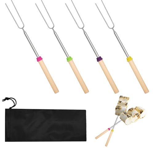 Extendable Marshmallow Toasting Forks,4 PCS Extendable Forks Marshmallow Sticks Kit,Extending Stainless Steel U-Shape Barbecue Forks for Over an Open BBQ,Retractable for Outdoor,Indoor Campfire