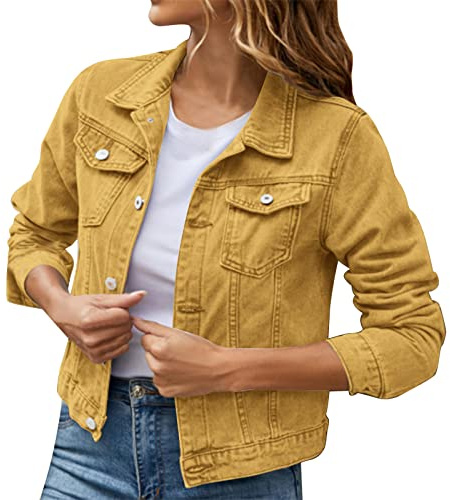 Nidddiv Glee Damen-Jacke, einfarbig, Knopfleiste, Denim-Baumwolljacke mit Taschen, Jeansjacke, Mantel, Jeans, Jumpsuit für Damen, gelb, 42