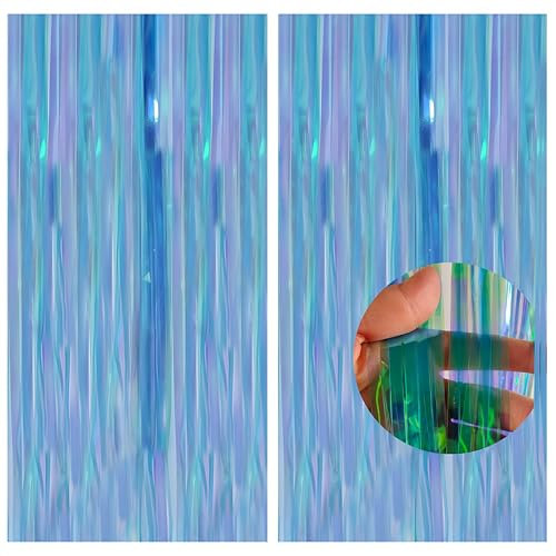 2pcs Holographic Blue Glitter Tinsel Curtains, 1*2m Iridescent Party Foil Curtains with Fringe for Frozen Mermaid Baby Shower Decorations