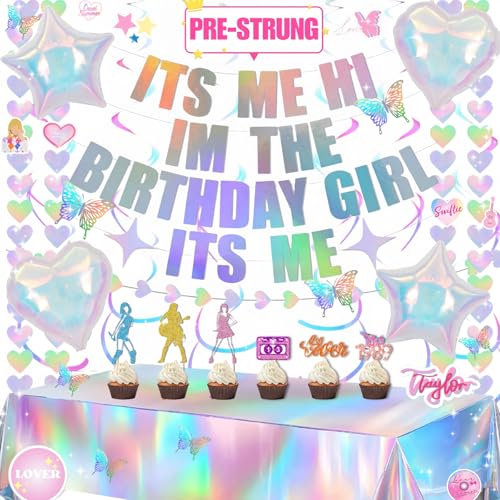 Daidle Taylor Birthday Decorations Pack for Swift Theme Party, Iridescent Banner & Tablecloth & Balloons, Stickers, Swirls, Cake Topper, Wall Decor, Party Favors, Swift Birthday Decorations