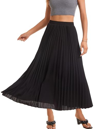 Yanhalo Damen-Faltenrock, hohe Taille, elastisch, Stretch, lang, knöchellang, schwingend, A-Linie, Strand, Maxirock