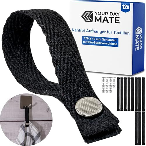 Nähfrei-Aufhänger für Textilien, 12 Pack, 150 x 12 mm Schlaufen, in Schwarz, aus Baumwolle, mit Pin-Knopfverschluss, Aufhänger Laschen für Geschirrhandtuch, Bad Handtuch, Lappen, Dekoration, Camping
