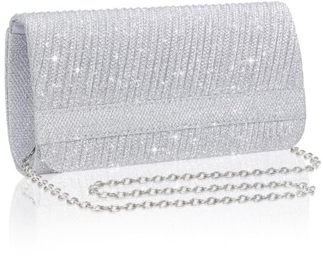 Larcenciel Clutch Silber, Glitzer Pailletten Damenhandtasche mit Abnehmbarer Kette, Twill Streifen Umhängetasche, Elegante Abendtasche, Mode Crossbody Tasche für Hochzeit, Party, Bankett, 20x11x6CM