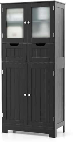 COSTWAY Meuble de Salle de Bain à 4 Portes 2 Tiroirs, Colonne Salle de Bain Armoire Haute avec Étagères Réglables pour Salon, Cuisine, 30 x 60 x 128 cm, Noir