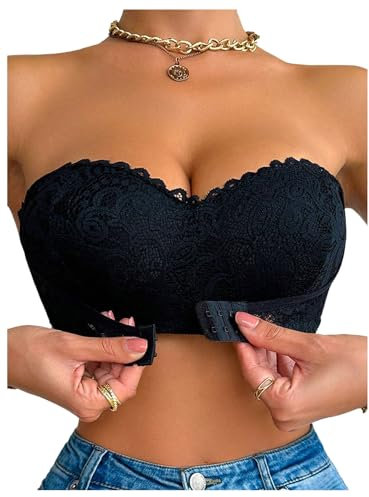 GORGLITTER Women's Strapless Push Up Front Fastening Bra No Underwire Wireless Scalloped Sexy Lace Bras Black 34C