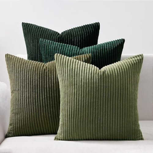 4er Set Kissen-Bezug mit Füllung Grün, Modell Mary, Luxus Kordsamt Sofakissen gestreift Couchkissen Dekokissen Zierkissen Kopfkissen, mit verstecktem Reisverschluss, weich & angenehm