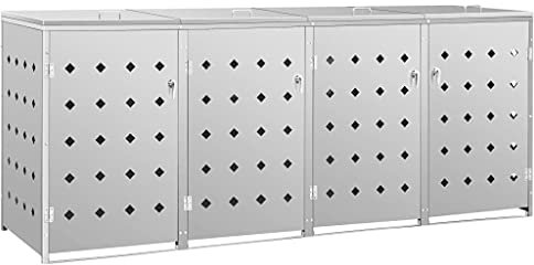 Emmtore Edelstahl Mülltonnenbox, 4 Tonnen*240L, Silber, Garten, Praktische Tür mit Verriegelungssystem, Wasserfest, 276 x 77,5 x 115 cm (B x T x H), 40 kg max.