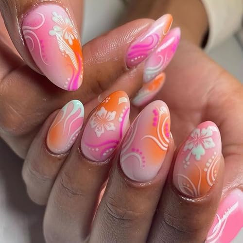 Faux Ongles Court MouyouGlow,Amande Rose Orange Airbrushing Fleurs Floral Striped Press on Nails avec Colle à Ongles,Pink Smudged Wavy Sweet Flowers Été INS Fake Nails