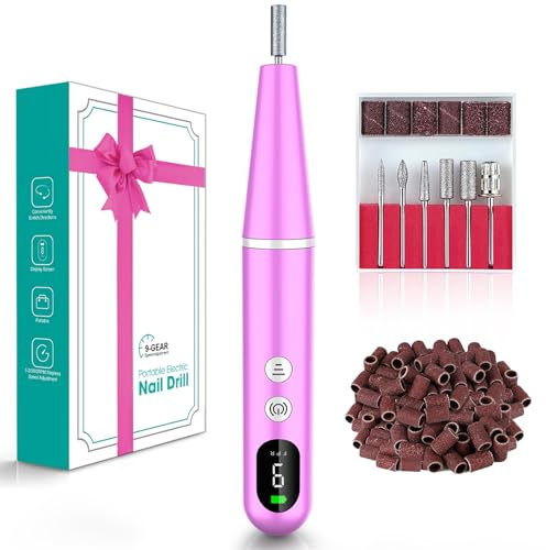 Lima eléctrica de taladro de uñas inalámbrico: lima eléctrica recargable para manicura y pedicura, 6 puntas de metal, velocidad ajustable, pantalla LED, ligera y portátil, protección contra sobrecarga