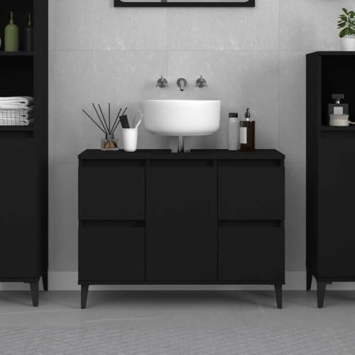 Myheimly Waschbeckenunterschrank, Waschtischunterschrank mit Stauraum,Unterschrank Metallbeine für Badezimmer, Badschrank Badezimmerschrank, Holzwerkstoff Schwarz